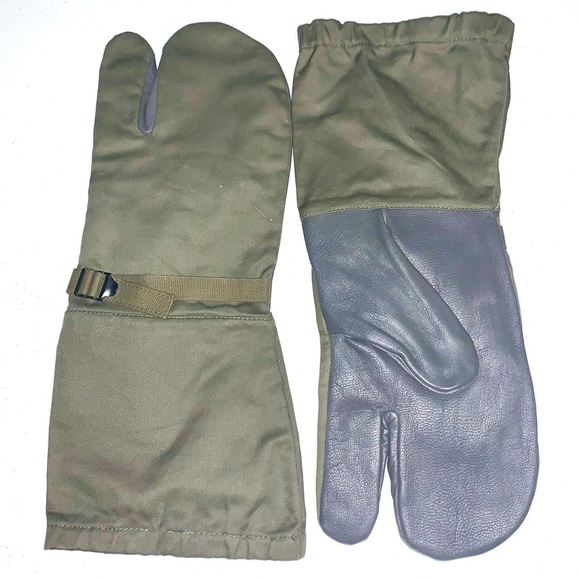 Vintage military style leather and canvas trigger finger mittens shooting gloves - Picture 1 of 9